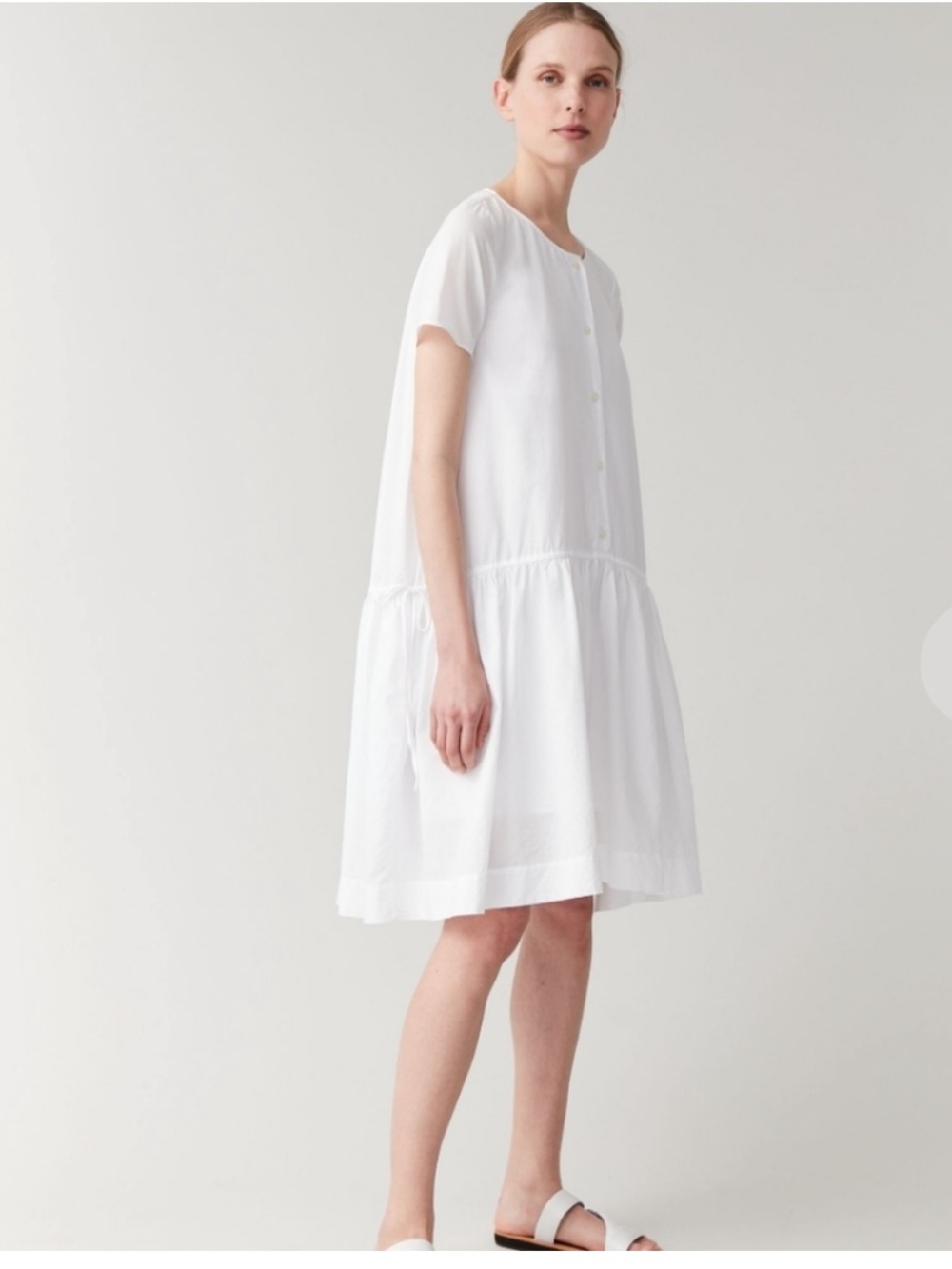 COS White Drawstring Short Sleeve Cotton Dress